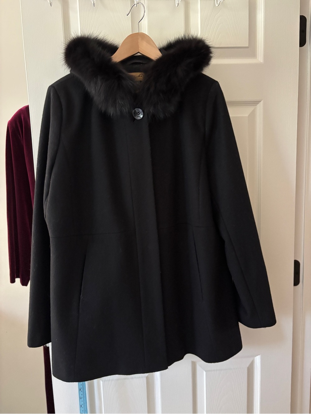SACHI Black Wool Hooded Coat with Fur-Trim Hood. Hidden Zipper. Pockets.